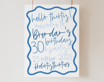 ELENI Blue Wriggly 30th Birthday Welcome Sign Template, Instant Download Editable, Scalloped Edge Wavey , Templett