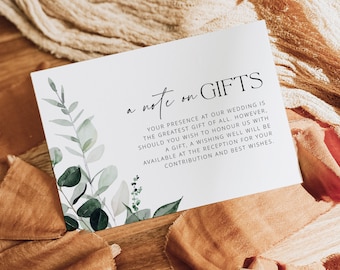 BEACHMERE | A note on gifts card, Botanical Wedding Greenery Template, Eucalyptus Invitation, Wishing Well Card, Templett Instant Download