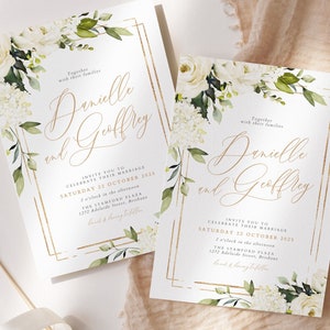 ARIA White & Gold Hochzeit Einladungsvorlage, druckbare rustikale Hochzeitseinladung, Aquarell Floral Hochzeit Templett sofortiger download