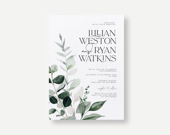 BEACHMERE Greenery Wedding Invitation Template,  Botanical Leaves, wedding invites, boho wedding invite templett INSTANT download