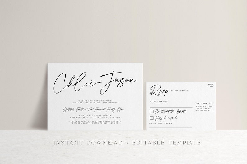 Modern Script Wedding Invitation SUITE Template Download Printable Templett instant download LUXE