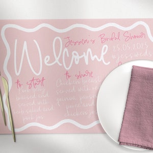 ELENI Pink Wave Dinner Tischset Vorlage, sofortiger Download bearbeitbare Menüvorlage, handgezeichnete bunte Brautparty, Templett