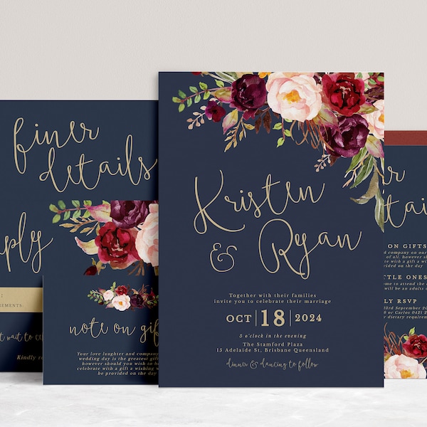 LUCY  Marsala Wedding Invitation Suite Template, Navy Gold garden floral wedding invitation set, wedding templett instant download