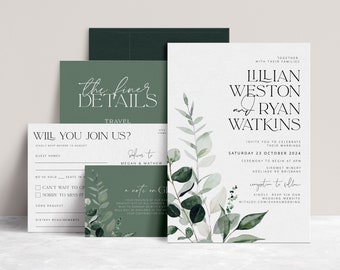 BEACHMERE Botanical Wedding Invitation Template, Botanical Printable Wedding Invitation, Wedding Invitations, Leaves Invitation Suite
