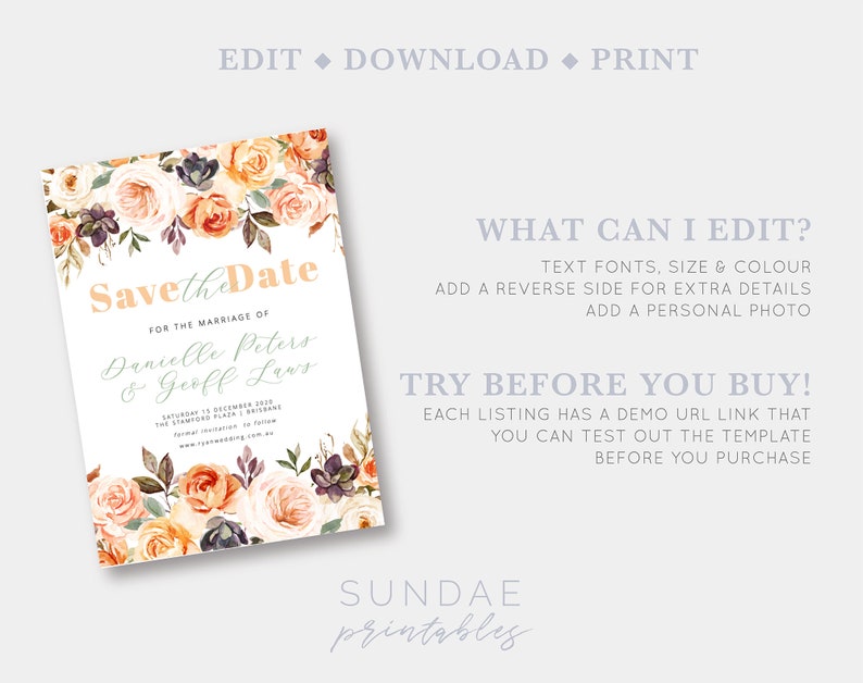 Watercolour Floral wedding templett instant download AMELIA Printable rustic wedding Date Saver Autumn Wedding Save the Date template