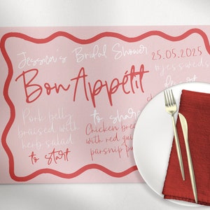 ELENI Pink Red Wave Menü Tischset Vorlage, Sofort Download Bearbeitbare Wriggly Menü Vorlage, Handgezeichnete Bunte Brautparty, Templett