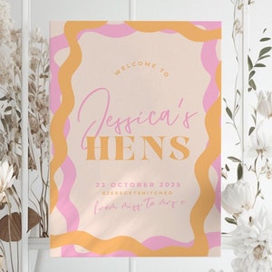 ANGEL Orange Pink Hens party welcome sign template, Printable bachelorette party, editable welcome template, templett instant download