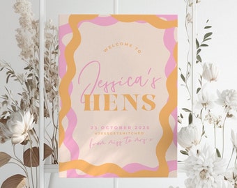 ANGEL Orange Pink Hens party welcome sign template, Printable bachelorette party, editable welcome template, templett instant download