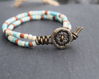 Double strand leather beaded wrap bracelet