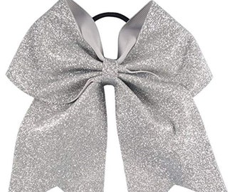 Big Silver Glitter Cheer Bows 6" Hair Stiff Sparkly Bow w Ponytail Girls Cheerleading Cheerleader School Spirit Hair Ties Elastic