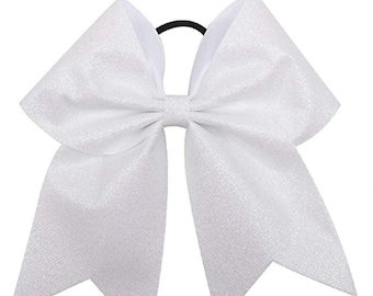 Big White Glitter Cheer Bows 6" Stiff Sparkly Hair Bow Ribbon w Holder for Girls Softball Cheerleader Dance School Spirit Cheap Custom Gift