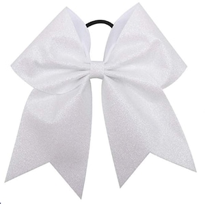 Big White Glitter Cheer Bows 6" Stiff Sparkly Hair Bow Ribbon w Holder for Girls Softball Cheerleader Dance School Spirit Cheap Custom Gift