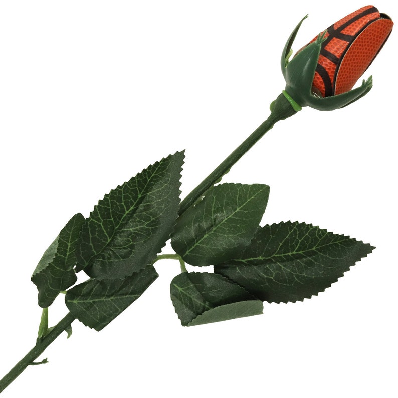 May include: A single orange and black basketball-shaped rose with green leaves and stem.