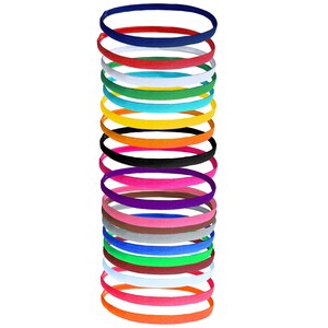 May include: A stack of 16 colorful elastic headbands in various colors, including blue, red, white, green, turquoise, yellow, orange, black, pink, purple, brown, gray, and light blue.