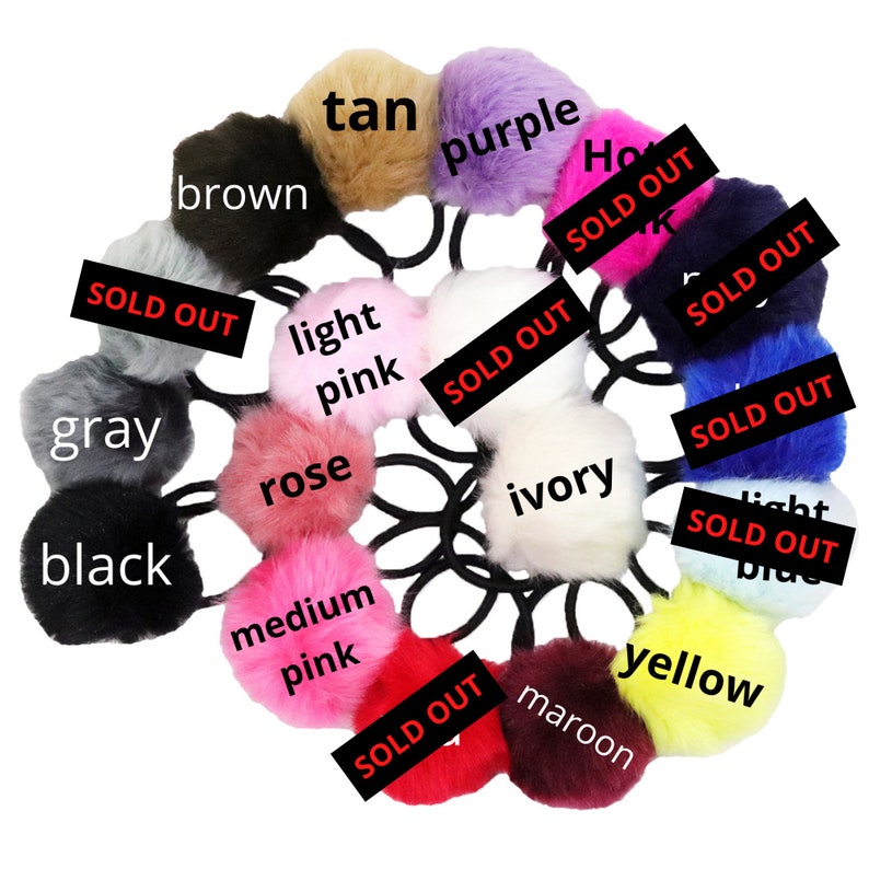 Puede incluir: Surtido de 14 gomas para el pelo peludas en varios colores, incluyendo marr&oacute;n claro, morado, marr&oacute;n, gris, negro, rosa claro, rosa, rosa medio, marfil, amarillo, granate, azul y azul claro. Algunos colores est&aacute;n marcados como "SOLD OUT".