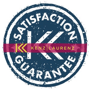May include: A blue and white circular stamp with the text "Satisfaction Guarantee" and a double arrow symbol. The text "KENZ | LAURENZ" is in a red and yellow banner.