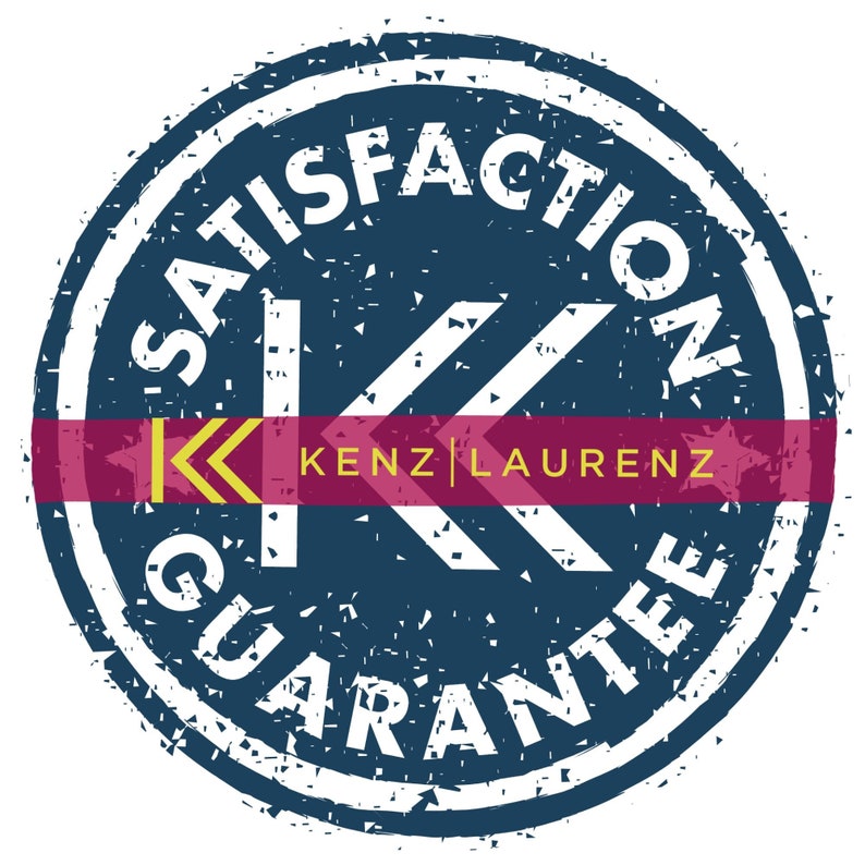 May include: A blue and white circular stamp with the text "Satisfaction Guarantee" and a double arrow symbol. The text "KENZ | LAURENZ" is in a red and yellow banner.