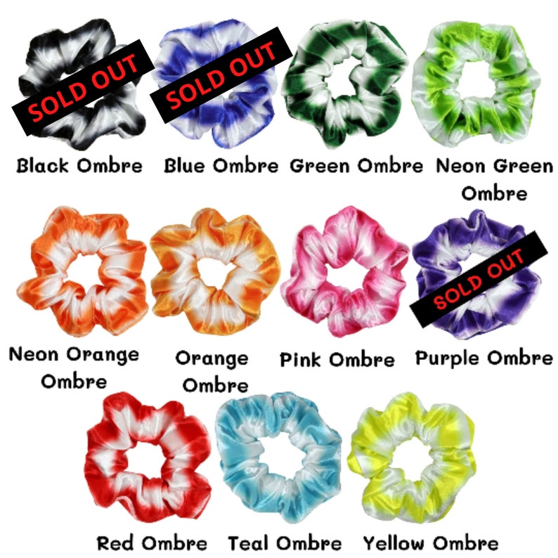 Puede incluir: Surtido de scrunchies degradados en varios colores, incluyendo negro, azul, verde, verde ne&oacute;n, naranja ne&oacute;n, naranja, rosa, morado, rojo, turquesa y amarillo. Algunos colores est&aacute;n agotados.