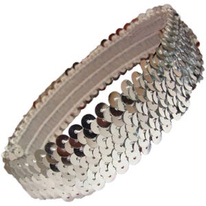 May include: A silver sequin headband. The headband is made of small, round, shiny silver sequins attached to a white elastic band. The edges of the headband are scalloped. The headband is designed to be worn around the head.