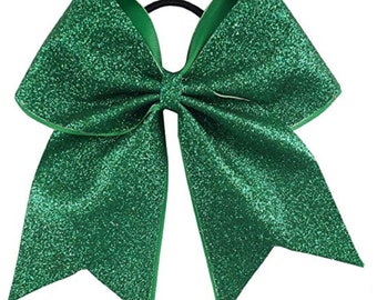 Big Green Glitter Cheer Bows 6" Hair Stiff Sparkly Bow w Ponytail Girls Cheerleading Cheerleader School Spirit Hair Ties Elastic