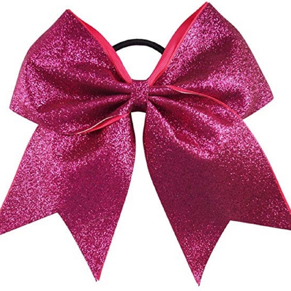 Big Pink Glitter Cheer Bows 6" Hair Stiff Sparkly Bow w Ponytail Girls Cheerleading Cheerleader School Spirit Hair Ties Elastic