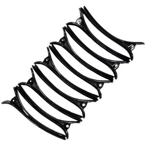 May include: A set of eight black plastic hair clips. The clips are curved and have a smooth finish.