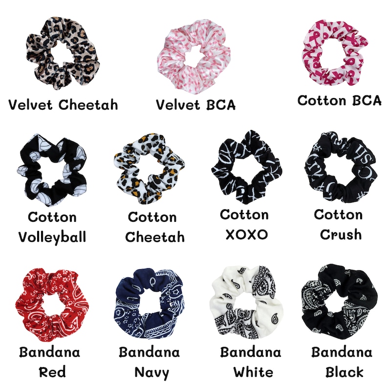 Puede incluir: Diez scrunchies diferentes con varios patrones y colores. Los scrunchies est&aacute;n hechos de terciopelo y algod&oacute;n. Los patrones incluyen estampado de leopardo, un dise&ntilde;o de cinta rosa, un dise&ntilde;o de voleibol y un estampado de bandana.