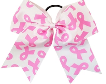 Breast Cancer Awareness Bows Big Pink Cheer Bows 7" Girls Hair Ribbon w Holder for Cheerleader Softball Cheap Bow