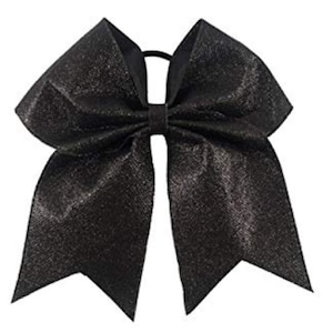 Black Big Glitter Cheer Bows 6&quot; Hair Stiff Sparkly Bow w Ponytail Girls Cheerleading Cheerleader School Spirit Hair Ties Elastic