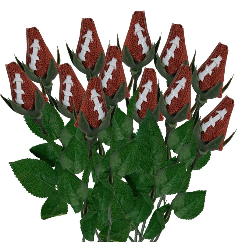 May include: A bouquet of artificial roses with brown football-shaped buds and green leaves.