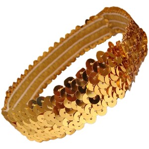 May include: A gold sequin headband. The headband is made of a gold elastic band covered in small, round, gold sequins. The sequins are tightly packed together, creating a shimmering effect. The headband is designed to be worn around the head.