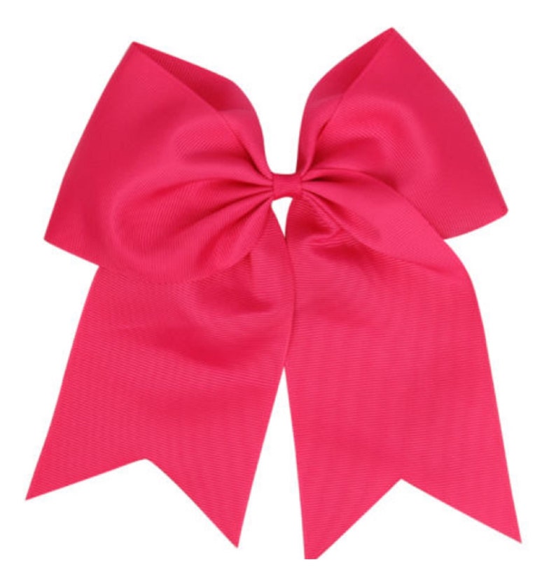 May include: A large, bright pink cheer bow with a center loop and two long tails.