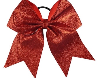 Big Red Glitter Cheer Bows 6" Hair Stiff Sparkly Bow w Ponytail Girls Cheerleading Cheerleader School Spirit Hair Ties Elastic