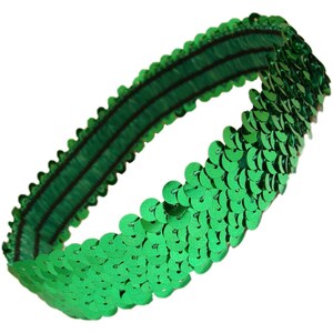 May include: A green sequin headband. The headband is made of small, round, shiny green sequins attached to a green elastic band. The sequins are densely packed, creating a textured and eye-catching accessory.