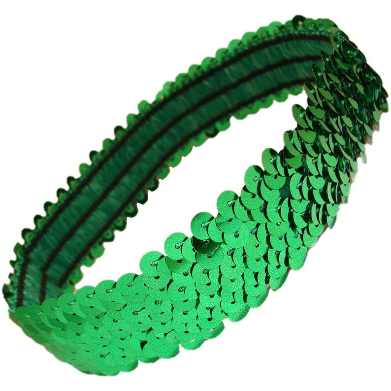 May include: A green sequin headband. The headband is made of small, round, shiny green sequins attached to a green elastic band. The sequins are densely packed, creating a textured and eye-catching accessory.