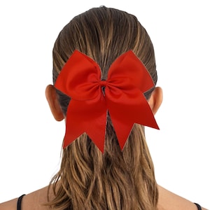 May include: A large red bow with a satin finish. The bow is tied with a black elastic band.