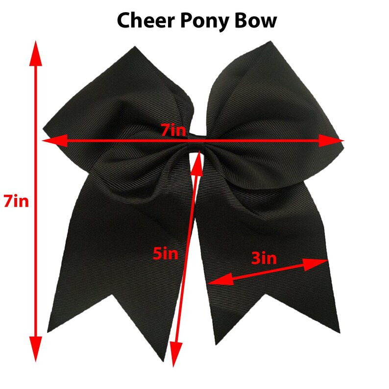 May include: A black Cheer Pony Bow, 7 inches in height and width, with a 5-inch tail and a 3-inch width. The bow is made of a ribbed fabric and features the text "Cheer Pony Bow" at the top.