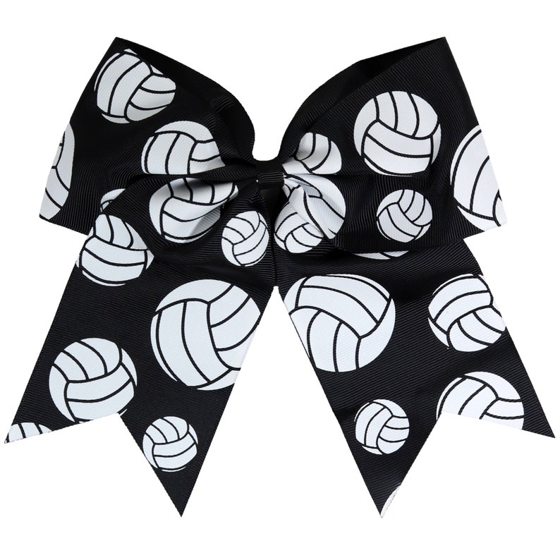 May include: Black and white cheer bow with a volleyball pattern. The bow is made of black ribbon with white volleyball designs.