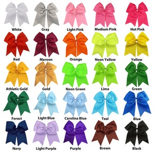 May include: A chart of 20 different colored hair bows. The bows are arranged in four rows of five bows each. The colors of the bows are white, gray, light pink, medium pink, hot pink, red, maroon, orange, neon yellow, yellow, athletic gold, gold, neon green, lime, green, forest, light blue, Carolina blue, teal, blue, navy, light purple, purple, brown, and black.