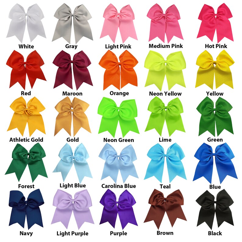 May include: A chart of 20 different colored hair bows. The bows are arranged in four rows of five bows each. The colors of the bows are white, gray, light pink, medium pink, hot pink, red, maroon, orange, neon yellow, yellow, athletic gold, gold, neon green, lime, green, forest, light blue, Carolina blue, teal, blue, navy, light purple, purple, brown, and black.