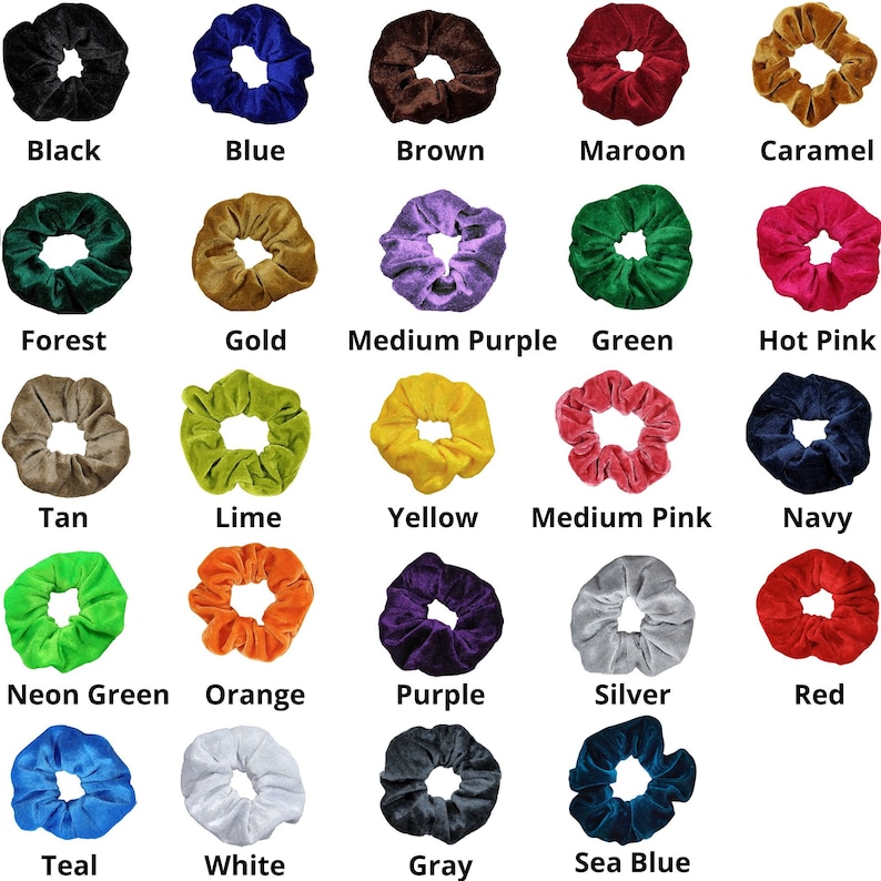 Puede incluir: Un conjunto de 20 scrunchies en varios colores, incluyendo negro, azul, marr&oacute;n, granate, caramelo, verde bosque, dorado, morado medio, verde, rosa intenso, marr&oacute;n claro, lima, amarillo, rosa medio, azul marino, verde ne&oacute;n, naranja, morado, plateado, rojo, azul verdoso, blanco, gris y azul marino.