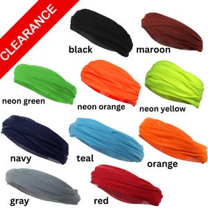 May include: A collection of colorful headbands in various shades, including black, maroon, neon green, neon orange, neon yellow, navy, teal, orange, gray, and red. The word "CLEARANCE" is printed on a red diagonal banner.