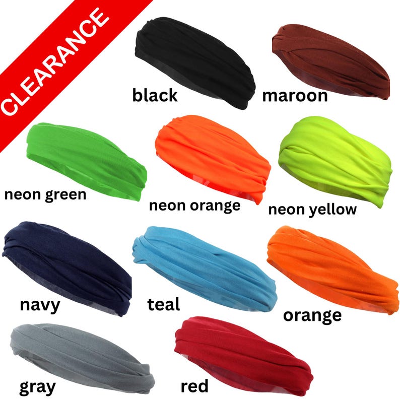 May include: A collection of colorful headbands in various shades, including black, maroon, neon green, neon orange, neon yellow, navy, teal, orange, gray, and red. The word "CLEARANCE" is printed on a red diagonal banner.