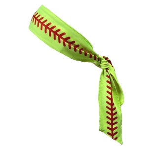 May include: A lime green headband with a red baseball stitch design. The headband is tied in a knot at the back.