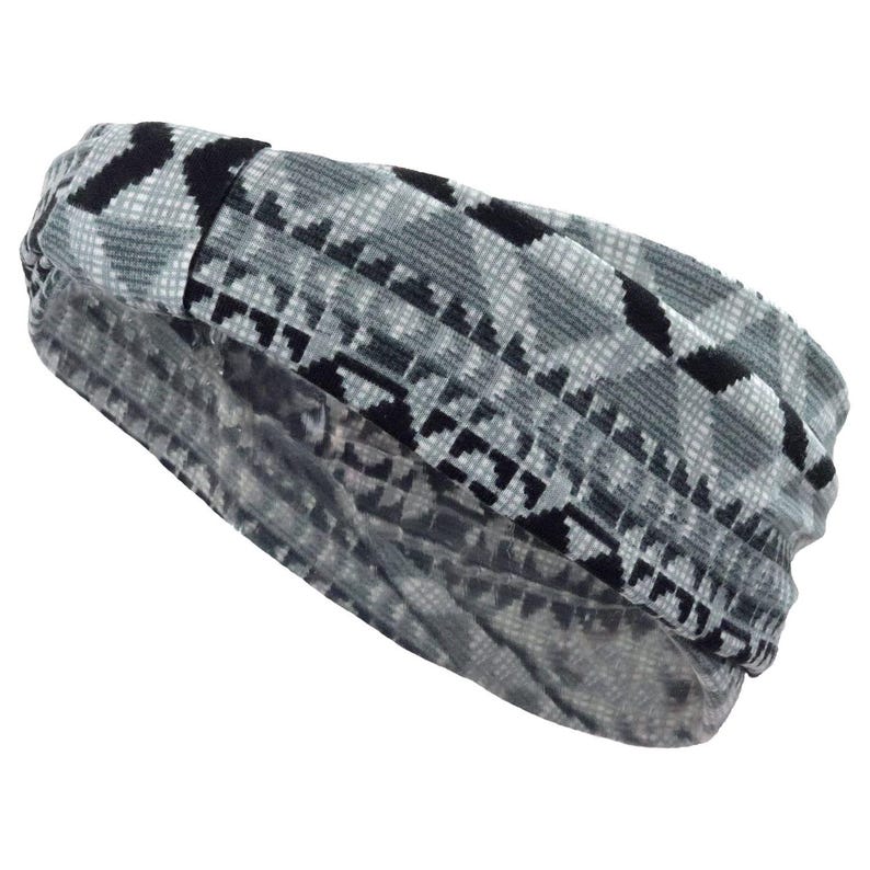 Black Tribal Boho Headband, Gray & Black Wide Hairband, Yoga Workout Head Wrap, Festival Turban Headband, Bohemian Hair Accessories Gray/Black Tribal
