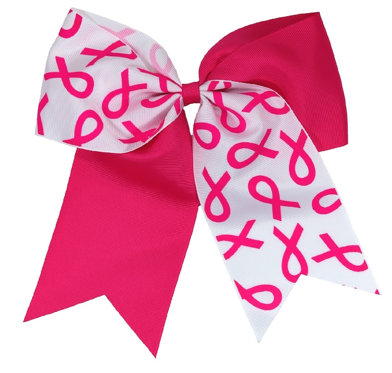 May include: A pink and white hair bow with a pink ribbon pattern. The bow is made of grosgrain ribbon and has a white center.