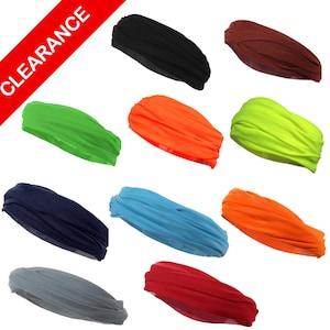 May include: A collection of colorful headbands in various shades, including black, brown, green, orange, blue, and red. The headbands are displayed on a white background, with a red "CLEARANCE" banner in the upper left corner.