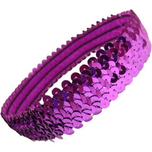 May include: A vibrant purple sequin headband. The headband is made of a stretchy, elastic material and is covered in small, round, shiny sequins. The sequins are arranged in neat rows, creating a textured and eye-catching accessory. Perfect for adding a touch of sparkle.