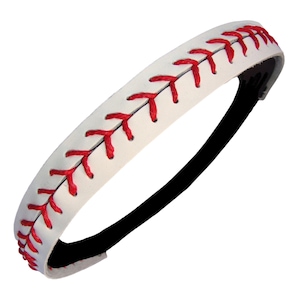 May include: White headband with red stitching, resembling a baseball. The headband is made of faux leather and has a black elastic band.