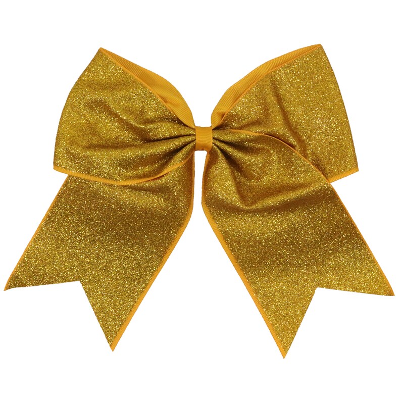 May include: A large gold glitter bow with a satin finish. The bow is tied in a classic shape with two loops and a centre knot.